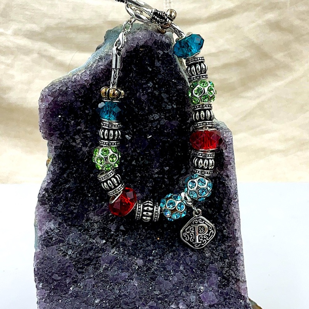 Silver 8” Bracelet with Silver&Sparkling Colored Crystals(Red,Green,Lt&DkBlue)